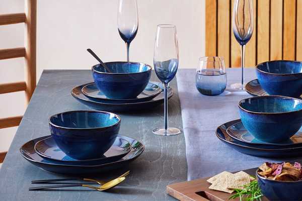 12 Piece stoneware dinner set in blue glaze effect.